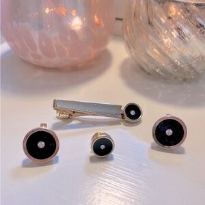 Vintage Anson Tie Clip, Tie Tac & Cuff Links. Gold/Black with Faux Diamonds